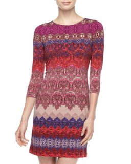 Lace Print 3/4 Sleeve Jersey Dress, Red/Multi