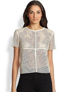 LaPina by David Helwani Danielle Perforated Leather Tee   Cream