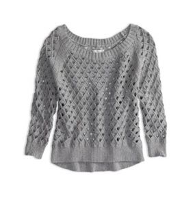 Delray Grey AE Cropped Open Stitch Sweater, Womens XS