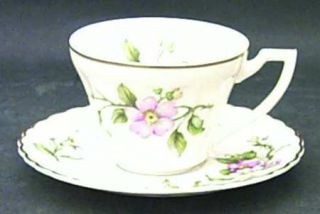 Syracuse Apple Blossom Flat Cup & Saucer Set, Fine China Dinnerware   Pink&White