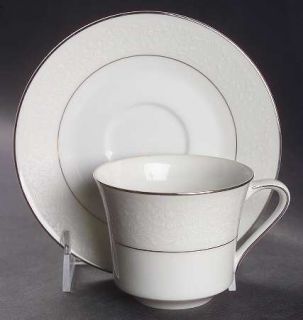 Style House Brocade Flat Cup & Saucer Set, Fine China Dinnerware   White Flowers