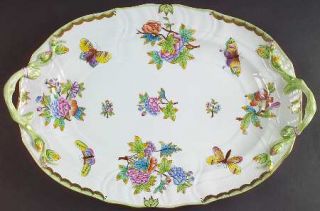 Herend Queen Victoria (Green Border) 15 Oval Handled Platter, Fine China Dinner