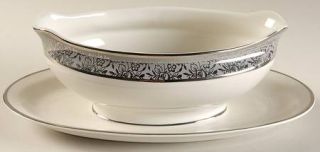 Vogue Silver Lace Gravy Boat with Attached Underplate, Fine China Dinnerware   P