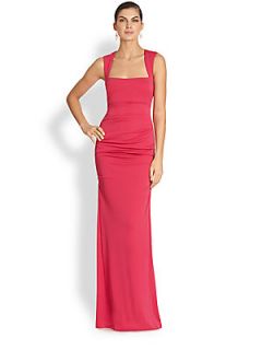 Nicole Miller Open Back Tucked Jersey Gown   Carnation