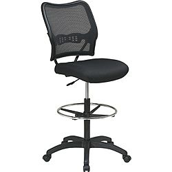 Space Drafting Chair (blackBreathable dark air grid back with built in lumbar supportPneumatic seat height adjustmentAdjustable chrome footringDimensions 51 inches high x 21.25 inches wide x 25.5 inches deepMaterials Foam, mesh, nylon, metalWeight capac