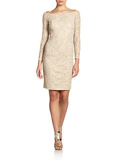 Beaded Lace Off The Shoulder Dress   Champagne