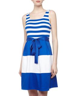 Mixed Stripe Fit And Flare Dress, Cobalt Breeze/White