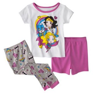 Justice League Toddler Girls 3 Piece Short Sleeve Pajama Set   White 3T
