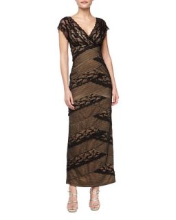 Bead Embellished Scalloped Lace Gown, Black/Nude