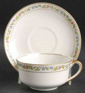 Syracuse Melrose (White) Flat Cup & Saucer Set, Fine China Dinnerware   White,Pi