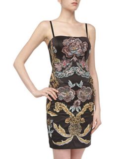 Sleeveless Embroidered Beaded Sateen Dress, Black