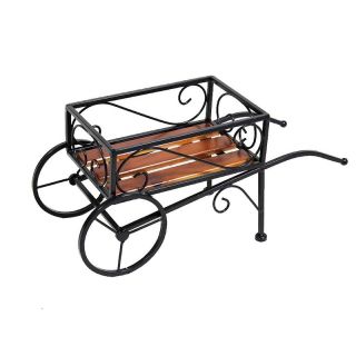 Small Wooden and Metal Wagon Plant Stand Brown   EN40245