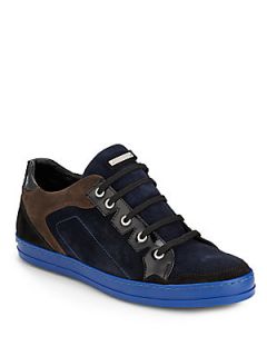 Patent Leather Trimmed Colorblock Suede Sneakers   Blue Br