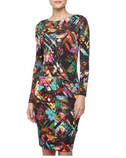 Geo Floral Print Ruched Fitted Dress, Black/Multi