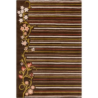 Allie Handmade Striped Floral Brown Wool Rug (5 X 76)