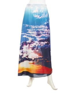 Sky Printed Silk Maxi Skirt, Marine Blue Sky
