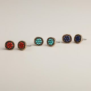 Turquoise, Coral and Blue Stud Earring Trio, Set of 3   World Market