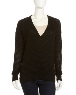 Open Knit V Neck Pullover Sweater, Black