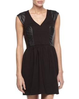Ponte & Faux Leather Fit and Flare Dress, Black