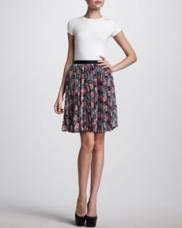 Pleated Floral Print Skirt, Navy/Coral