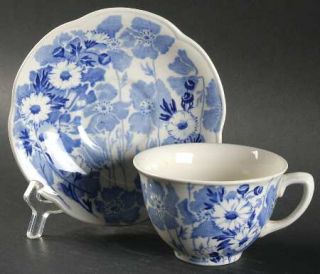 Enoch Wood & Sons Gay Day Blue (Scalloped) Flat Cup & Saucer Set, Fine China Din