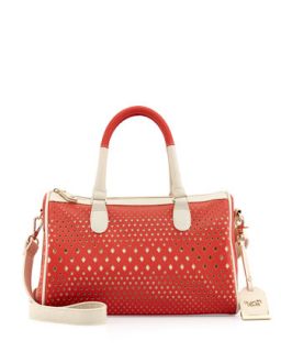 Diamond Perforated Faux Leather Duffle Bag, Coral/Cream