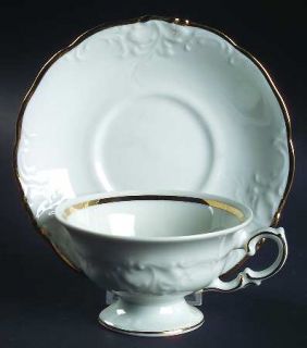 Wawel Casa Oro Footed Cup & Saucer Set, Fine China Dinnerware   White, Embossed