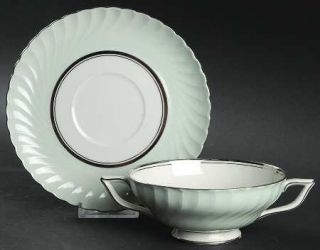 Royal Tettau South Wind Grey/Green Footed Cream Soup Bowl & Saucer Set, Fine Chi