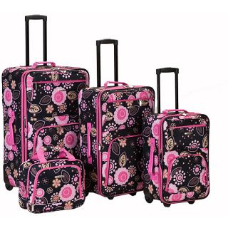 Rockland Designer Black/ Pink Flower 4 piece Luggage Set