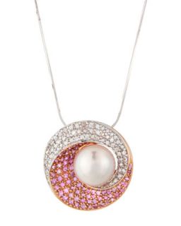 Sapphire Pave & Pearl Pendant Necklace, Pink/White