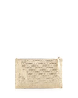 Medium Zip Top Pearlized Linen Check Clutch Bag, Platinum