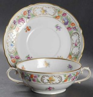 Schumann   Bavaria Empress Dresden Flowers  Footed Cream Soup Bowl & Saucer Set,