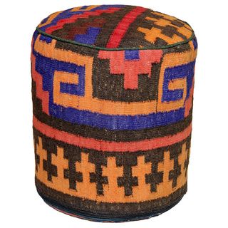 Abstract Multicolor Wool Upholstered Pouf Ottoman