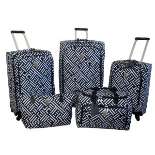 Jenni Chan Signature Black/white 5 piece Spinner Luggage Set (Black/ whiteMaterials PolyesterExternal packing pocket Zippered mesh pocket Computer compartment in tote 17 inches x 10 inches x 2 inchesWeight Large upright (11.5 pound), medium upright (9.