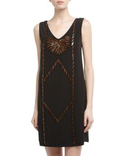 Wooden Beaded Silk Dress, Black/Mocha