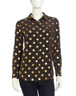 Long Sleeve Spotted Silk Blouse, Black