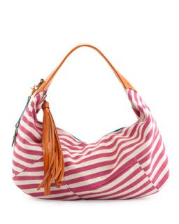 Striped Canvas Contrast Hobo Bag, Pink/Orange