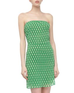 Strapless Cut Out Leaf Print Crepe Dress, Grass