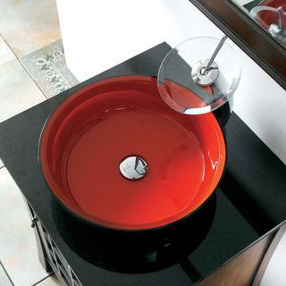 Cae Tempered Glass Sink With Chrome Faucet (Red Sink type Bathroom Sink style Vessel Sink material High grade tempered glass Dimensions 5.5 inches high x 16.5 inch diameter Includes Pop up drain, mounting ring Hole size requirement 1.75 inch standar