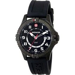 Wenger Mens Squadron GMT Watch   Black Dial/Black Silicone Strap