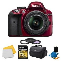 Nikon D3300 DSLR HD Red Camera, 18 55mm Lens, 16GB Card, Case, and Filter Bundle