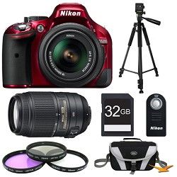 Nikon D5200 Red 32 GB SLR Camera with 18 55mm & 55 300mm VR Lens and Filters Bun