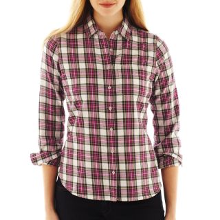 Brushed Twill Flannel Plaid Long Sleeve Shirt, Ivory/Pink