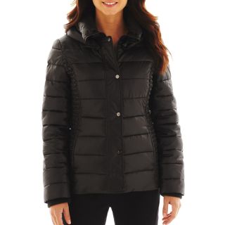 Ruched Puffer Jacket, Black, Womens