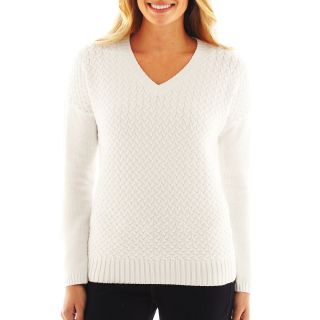 LIZ CLAIBORNE Long Sleeve V Neck Cable Knit Sweater, White, Womens