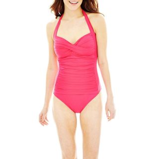 LIZ CLAIBORNE Sweetheart Halter 1 Piece Swimsuit, Fuchsia, Womens