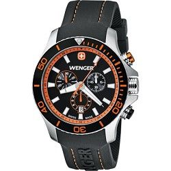 Wenger Mens Sea Force Chrono Watch   Black and Orange Dial/Black Silicone Strap