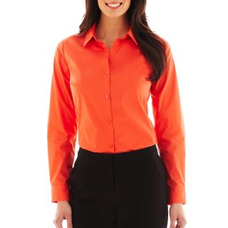 Worthington Essential Long Sleeve Button Front Shirt, Bold Coral