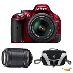 Nikon D5200 DX Format Red Digital SLR Camera with 18 55mm and 55 200mm VR Lens B