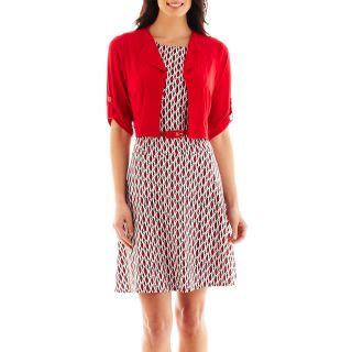 Belted Print Dress with Jacket, Red